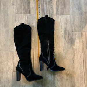 Black Suede Knee High Western Boots